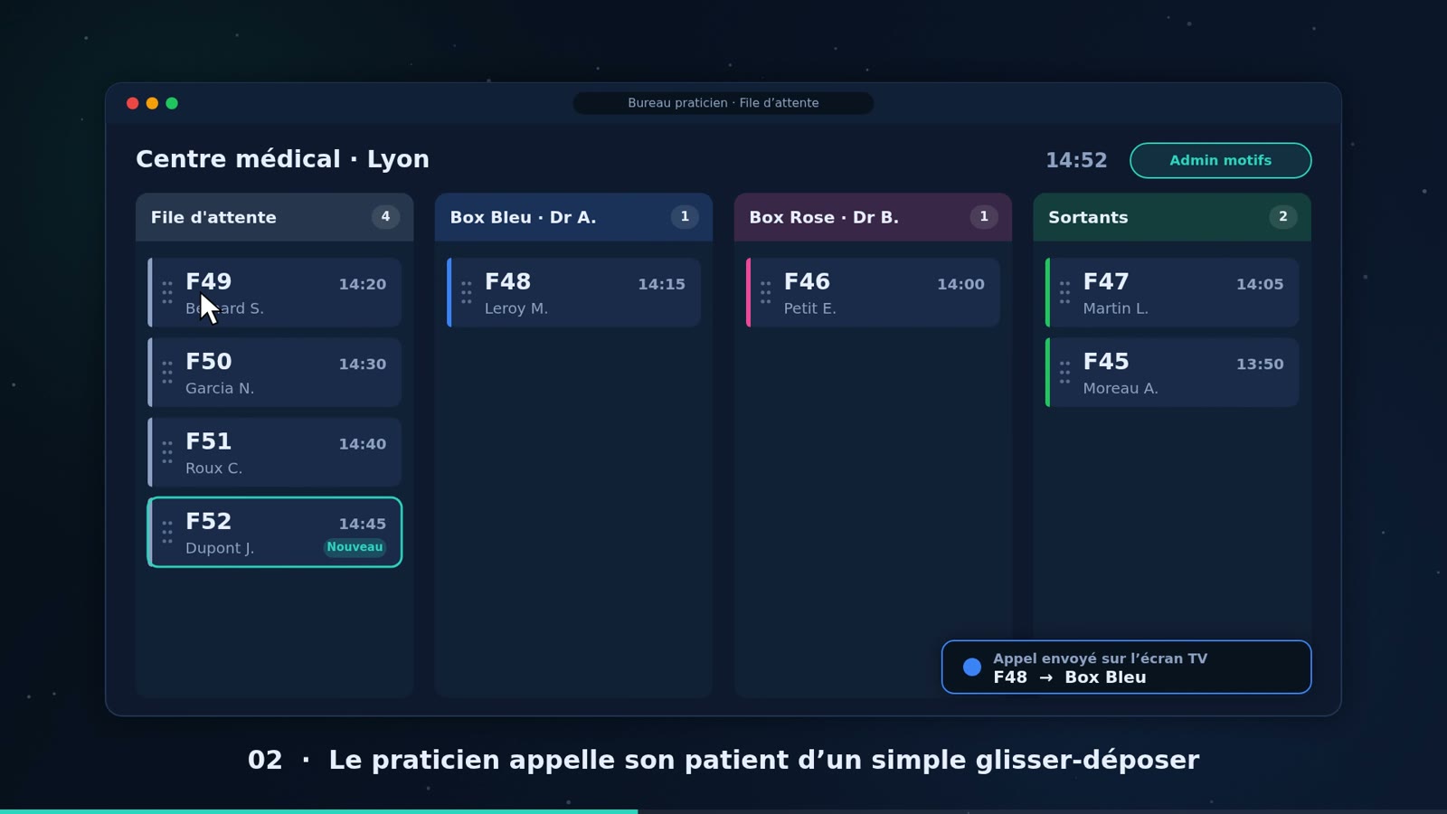 Bureau praticien : file d'attente des patients, box bleu, box rose et sortants