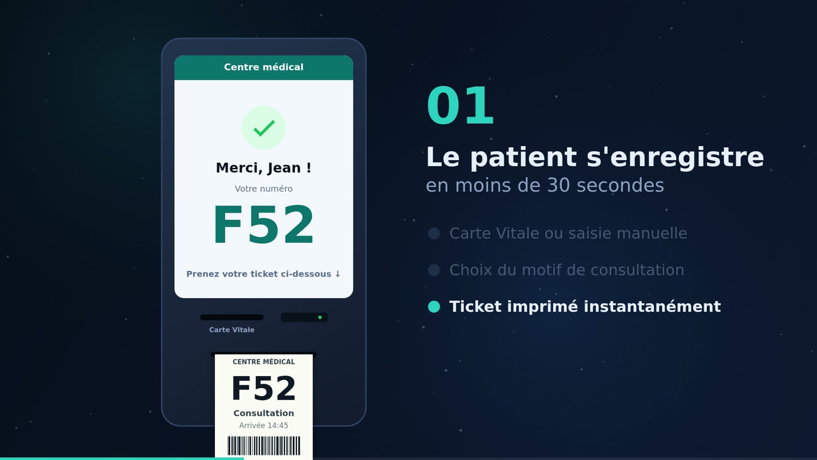 Borne d'accueil du logiciel de file d'attente en développement : ticket patient imprimé