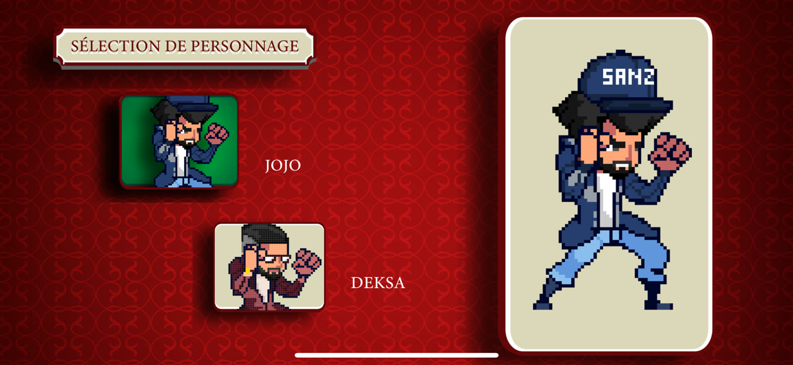 Écran de sélection de personnage du jeu Jojo Boy, expérience interactive développée sur mesure