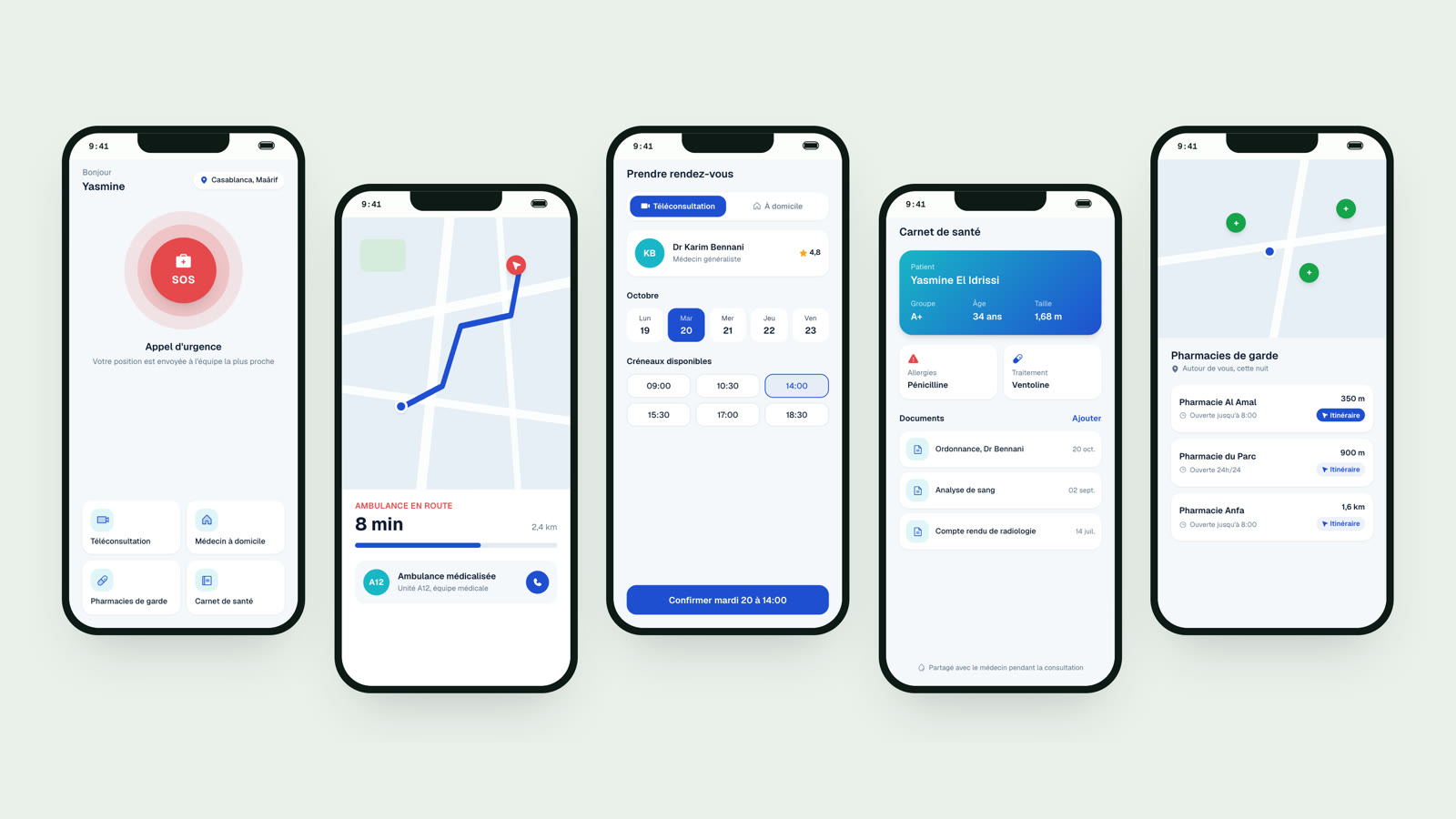 Maquettes de l'application Omnidoc Santé : bouton SOS, suivi d'ambulance, téléconsultation, carnet de santé et pharmacies de garde